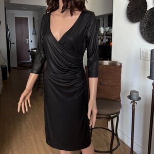 BETSEY JOHNSON | Black Vegan Liquid Leather Wrap Dress | Deep V Plunge | NWT | L